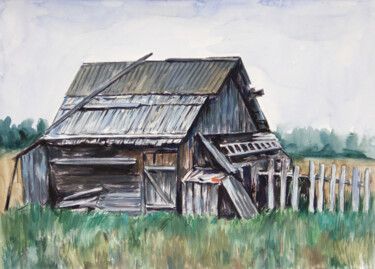 Tekening getiteld "Old  barn" door Yuliya Kachan, Origineel Kunstwerk, Aquarel