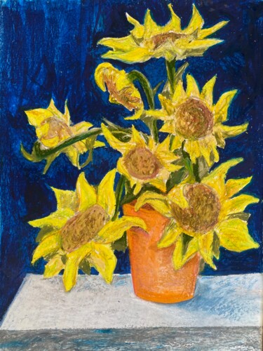 Painting titled "sunflowers" by Aleksandr Yakobyuk, Original Artwork, Pastel Mounted on Cardboard