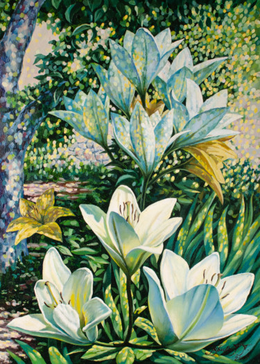 Peinture intitulée "Lilies in the garden" par Georgii Tril, Œuvre d'art originale, Huile