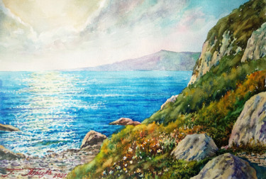 Schilderij getiteld "Mountains and sea" door Georgii Tril, Origineel Kunstwerk, Aquarel