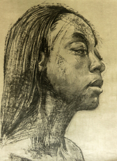 Drawing titled "FEMME CREOLE" by Yan Bragance, Original Artwork, Charcoal Mounted on Other rigid panel