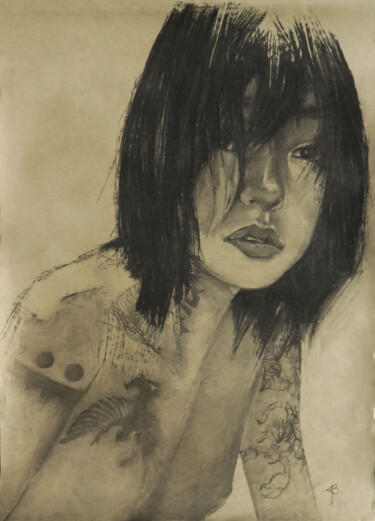 Drawing titled "Belle Rebelle" by Yan Bragance, Original Artwork, Charcoal Mounted on Other rigid panel