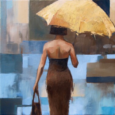 Painting titled "Parapluie jaune" by Yan Vita, Original Artwork, Oil Mounted on Wood Stretcher frame