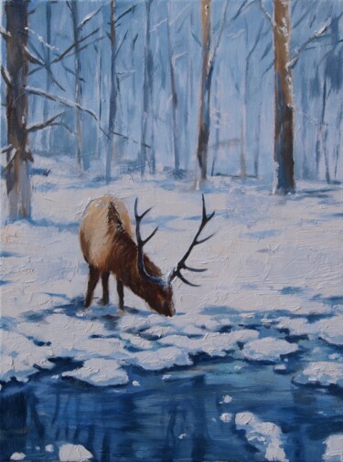 Painting titled "Cerf" by Yan Vita, Original Artwork, Oil Mounted on Wood Stretcher frame