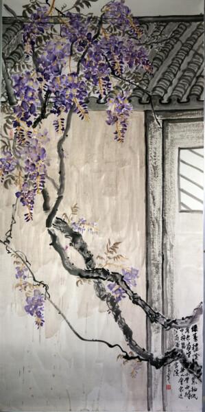 Painting titled "紫藤 屋檐和门" by Yan Zi007, Original Artwork, Ink