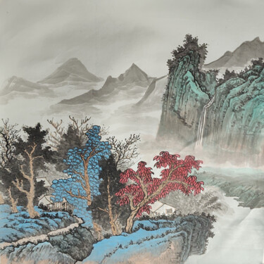 Pittura intitolato "瀑布与小屋" da Yan Zi007, Opera d'arte originale, Inchiostro