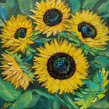 Painting titled "Sunflowers Impasto…" by Yana Anemona, Original Artwork, Oil Mounted on Wood Stretcher frame