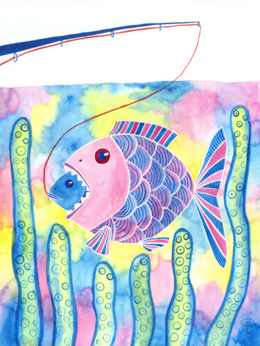 Peinture intitulée "Fishing for predato…" par Yana Bila, Œuvre d'art originale, Aquarelle