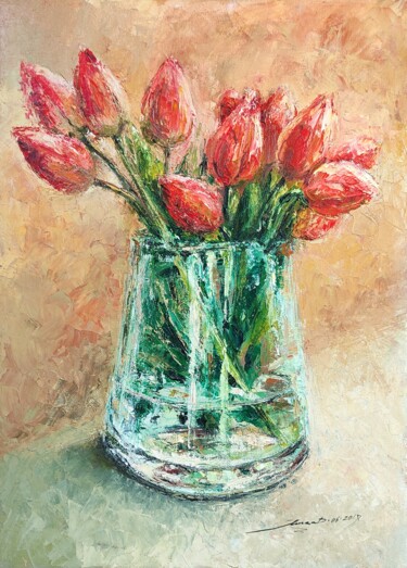 Malerei mit dem Titel "Still life "Tulips"" von Yana Dulger, Original-Kunstwerk, Öl Auf Keilrahmen aus Holz montiert