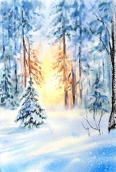 Pittura intitolato "Snowy Forest in Fin…" da Yana Ivannikova, Opera d'arte originale, Acquarello