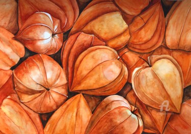 Painting titled "Red physalis" by Yana Yushkova, Original Artwork, Watercolor