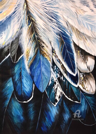 Painting titled "Blue feathers" by Yana Yushkova, Original Artwork, Watercolor