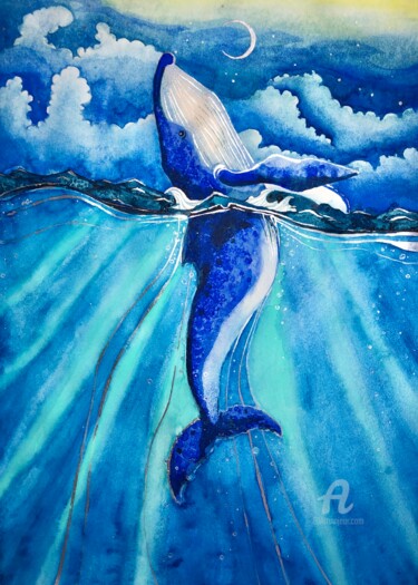 Malerei mit dem Titel "Dreamy whale" von Yana Yushkova, Original-Kunstwerk, Aquarell