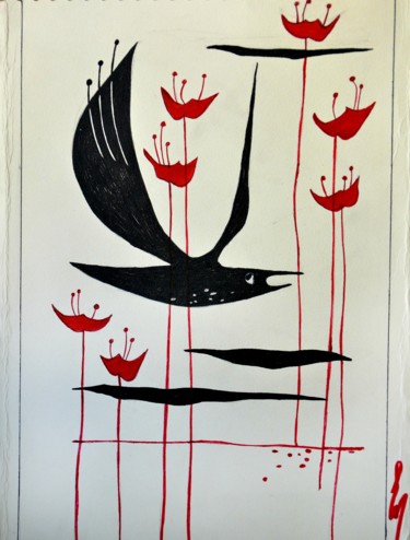 Картина под названием "Bird and flowers" - Yanka, Подлинное произведение искусства, Маркер