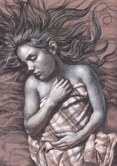 Tekening getiteld "The child's dreams 3" door Yaroslav Kurbanov, Origineel Kunstwerk, Marker Gemonteerd op Karton