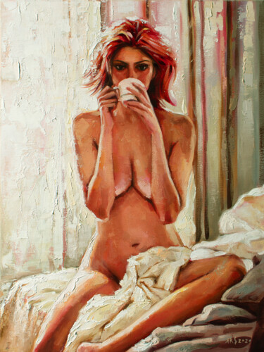 Painting titled "BUT FIRST COFFEE -…" by Yaroslav Sobol, Original Artwork, Oil Mounted on Wood Stretcher frame