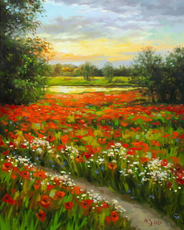 "POPPY FIELD" başlıklı Tablo Yaroslav Sobol tarafından, Orijinal sanat, Petrol Ahşap Sedye çerçevesi üzerine monte edilmiş