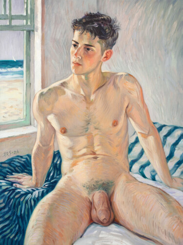 Pintura intitulada "NUDE BOY IN THE MOR…" por Yaroslav Sobol, Obras de arte originais, Óleo Montado em Armação em madeira