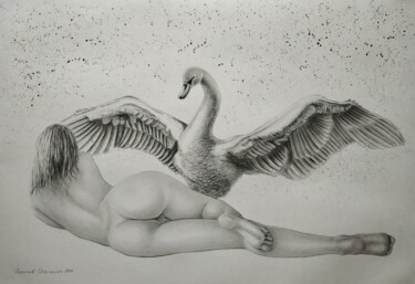 Drawing titled "Leda And The Swan" by Yaroslav Teslenko, Original Artwork, Charcoal
