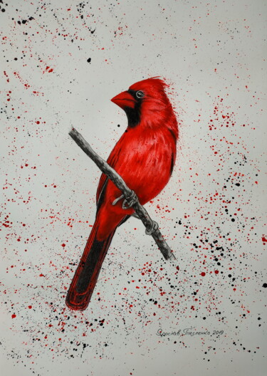 Malerei mit dem Titel "Red Bird" von Yaroslav Teslenko, Original-Kunstwerk, Acryl