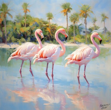 「Flamingos」というタイトルの絵画 Yassによって, オリジナルのアートワーク, アクリル