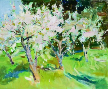「"Apple orchard "」というタイトルの絵画 Yehor Dulinによって, オリジナルのアートワーク, オイル ウッドストレッチャーフレームにマウント