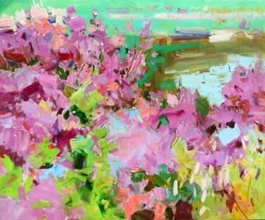 Painting titled "" Azalea Flowers"" by Yehor Dulin, Original Artwork, Oil Mounted on Wood Stretcher frame