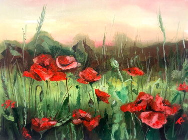 Painting titled "Field poppies" by Yelena Rybalkina, Original Artwork, Oil Mounted on Cardboard