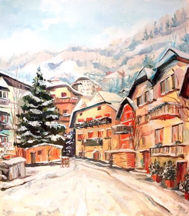 Painting titled "Tyrol Austria in wi…" by Yelena Rybalkina, Original Artwork, Oil Mounted on Cardboard