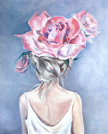 Pittura intitolato "Blonde girl with ro…" da Yelena Rybalkina, Opera d'arte originale, Olio Montato su Cartone