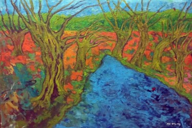 Painting titled "Melancholy Willows:…" by Yeon-Gyeong Seo (Seo), Original Artwork, Oil