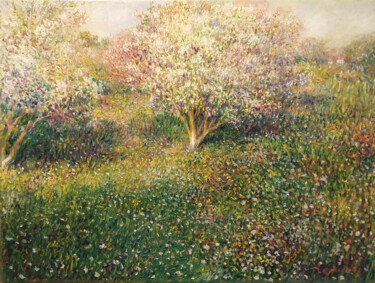 Painting titled "Blooming garden" by Yevhenii Chernov, Original Artwork, Oil Mounted on Wood Stretcher frame
