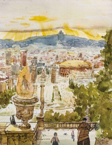 Painting titled "Plaza España 燃燒的貓咪" by Yile Lin, Original Artwork, Watercolor