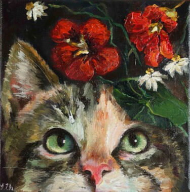 Painting titled "Under the flower" by Ying Zhang, Original Artwork, Oil Mounted on Wood Stretcher frame