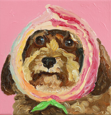 Schilderij getiteld "peach hat" door Ying Zhang, Origineel Kunstwerk, Olie Gemonteerd op Frame voor houten brancard