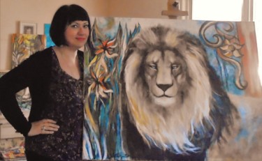 Peinture intitulée "Lion aux yeux Azur" par Isabelle Charpentier, Œuvre d'art originale, Acrylique