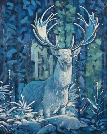 Schilderij getiteld "White stag/Frosty s…" door Yue Zeng, Origineel Kunstwerk, Olie Gemonteerd op Frame voor houten brancard