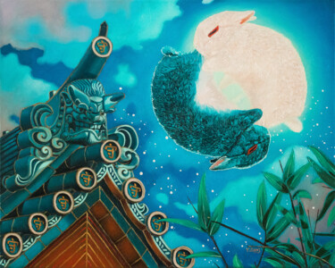 Картина под названием "Rabbits moon" - Yue Zeng, Подлинное произведение искусства, Масло