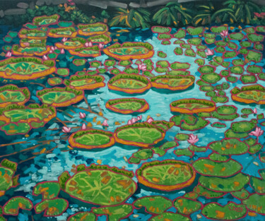 Ζωγραφική με τίτλο "Waterlily pond blue" από Yue Zeng, Αυθεντικά έργα τέχνης, Λάδι