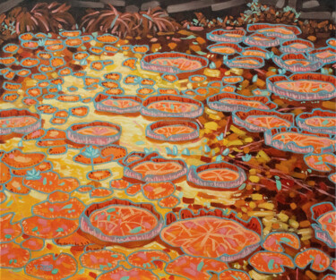 Картина под названием "Waterlily pond yell…" - Yue Zeng, Подлинное произведение искусства, Масло