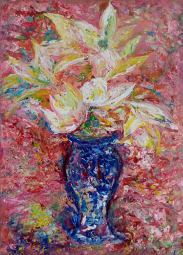 Pintura titulada "Lilies in a blue va…" por Yulia Dolgorukova, Obra de arte original, Oleo Montado en Otro panel rígido