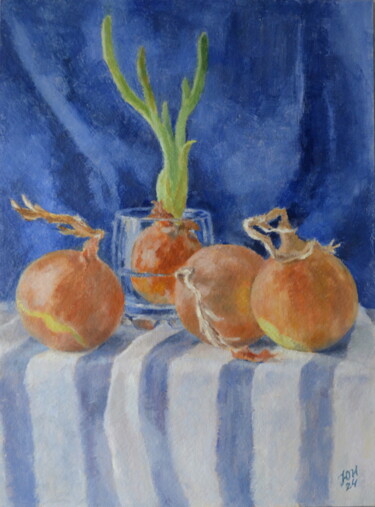 Pintura intitulada "Onions on blue" por Yulia Ivanova, Obras de arte originais, Óleo