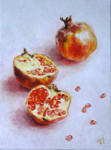 Schilderij getiteld "Pomegranates on pink" door Yulia Ivanova, Origineel Kunstwerk, Olie