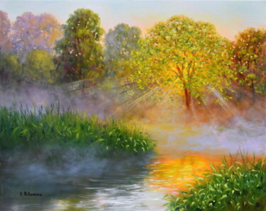 Painting titled "Floating Fog" by Yulia Nikonova, Original Artwork, Oil Mounted on Wood Stretcher frame