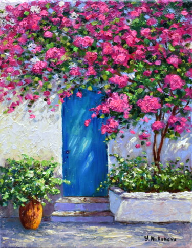 Painting titled "Turquoise Door" by Yulia Nikonova, Original Artwork, Oil Mounted on Wood Stretcher frame