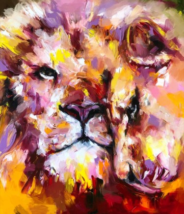 Schilderij getiteld "Lion’s love" door Yulia Varlamova, Origineel Kunstwerk, Olie