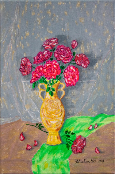 Malerei mit dem Titel "Roses in a vase" von Yuliia Kovalska, Original-Kunstwerk, Acryl