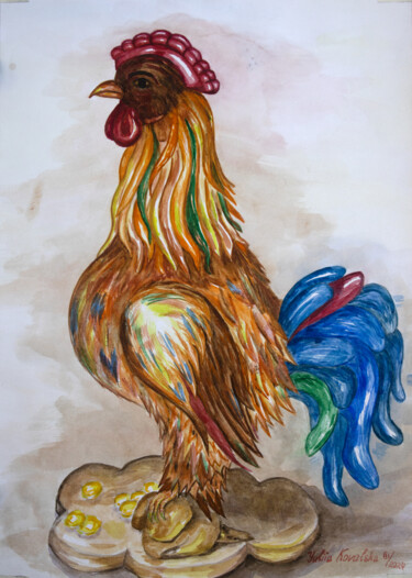 Malerei mit dem Titel "Rooster" von Yuliia Kovalska, Original-Kunstwerk, Aquarell