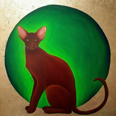 Painting titled "Chocolate cat" by Yuliia Ustymenko, Original Artwork, Oil Mounted on Wood Stretcher frame