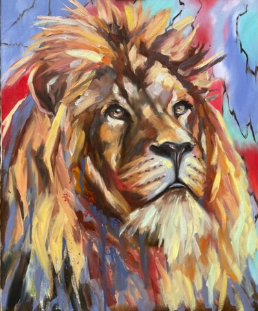 Painting titled "Lion. La tête du roi" by Yuliya Gransart, Original Artwork, Oil Mounted on Wood Stretcher frame
